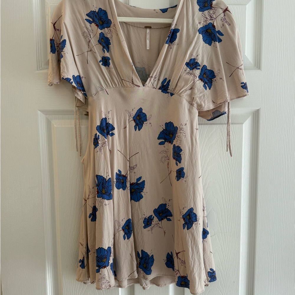 Free People Light Pink and Blue Flutter Sleeve Mini Dress